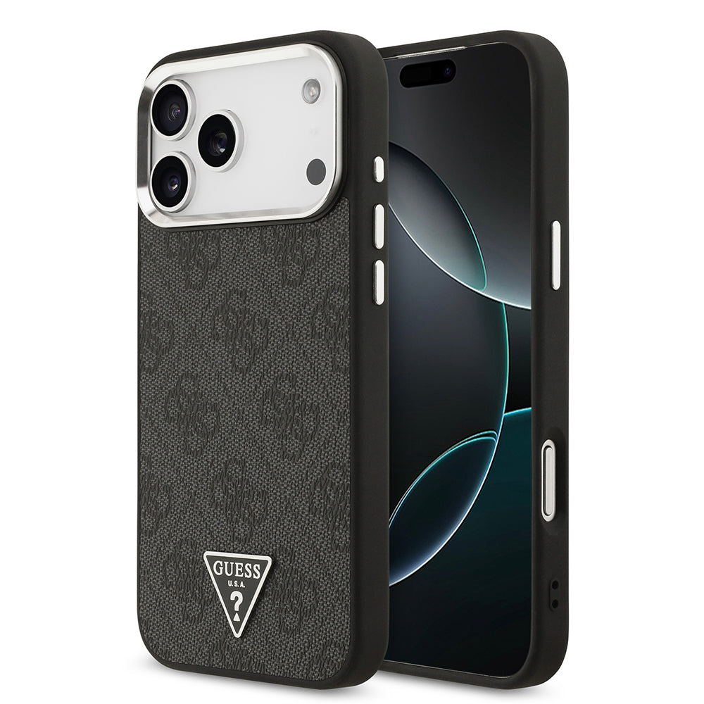 Apple iPhone 17 Pro Max Kılıf Guess Orjinal Lisanslı M-safe Şarj Özellikli Gold Metal Kamera Çerçeveli Taşlı Üçgen Logo 4G Desenli Kapak Siyah