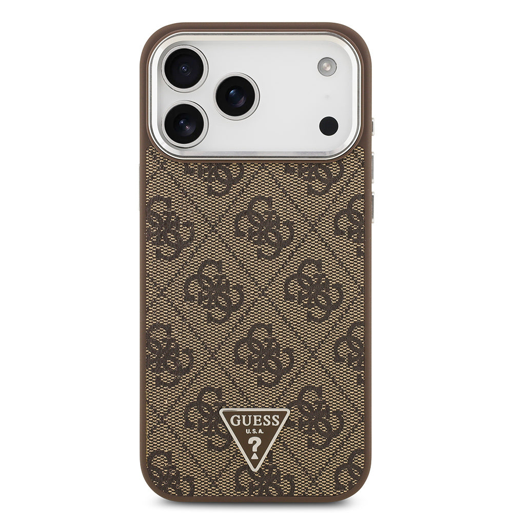 Apple iPhone 17 Pro Max Kılıf Guess Orjinal Lisanslı M-safe Şarj Özellikli Gold Metal Kamera Çerçeveli Taşlı Üçgen Logo 4G Desenli Kapak Kahverengi