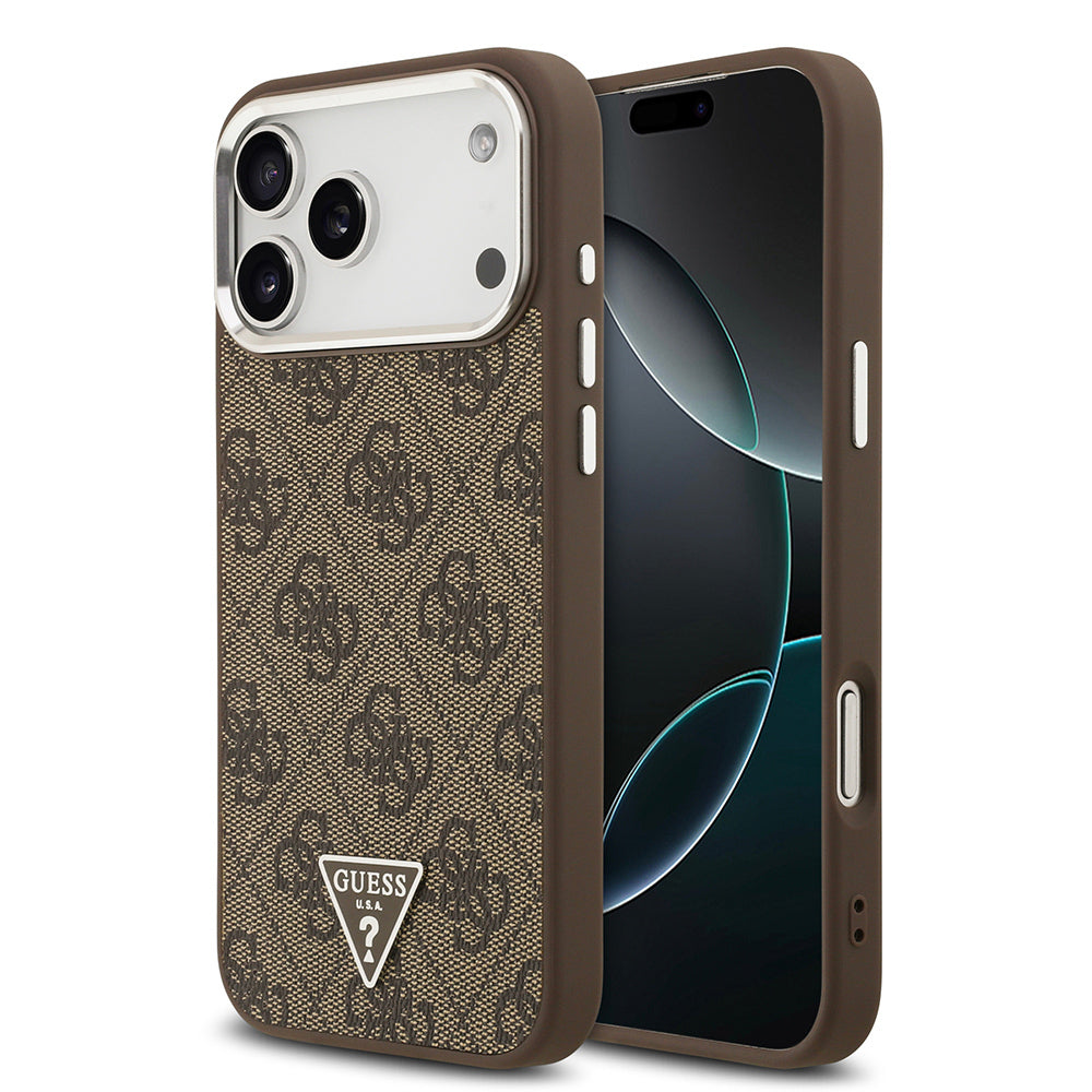 Apple iPhone 17 Pro Max Kılıf Guess Orjinal Lisanslı M-safe Şarj Özellikli Gold Metal Kamera Çerçeveli Taşlı Üçgen Logo 4G Desenli Kapak Kahverengi