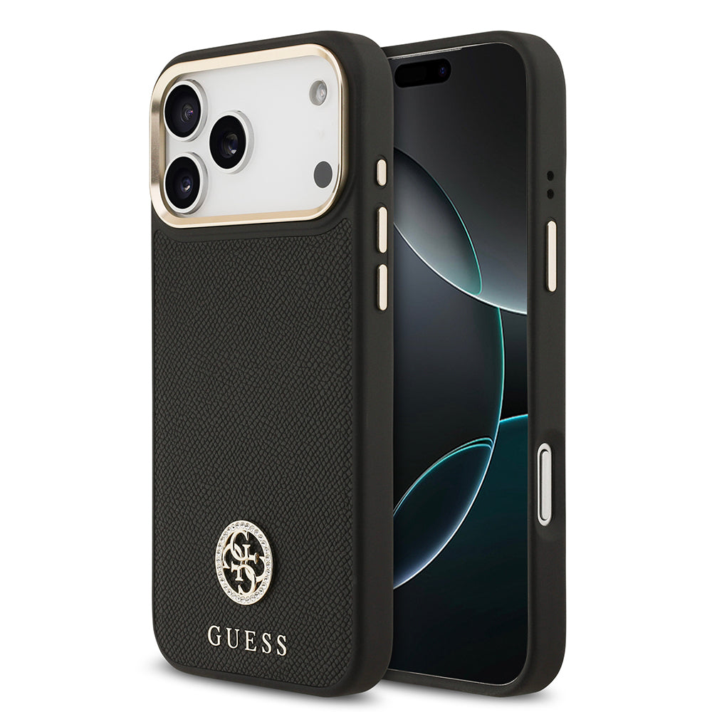 Apple iPhone 17 Pro Max Kılıf Guess Orjinal Lisanslı M-safe Şarj Özellikli Grained Yazı ve Taşlı 4G Logolu Kapak Siyah
