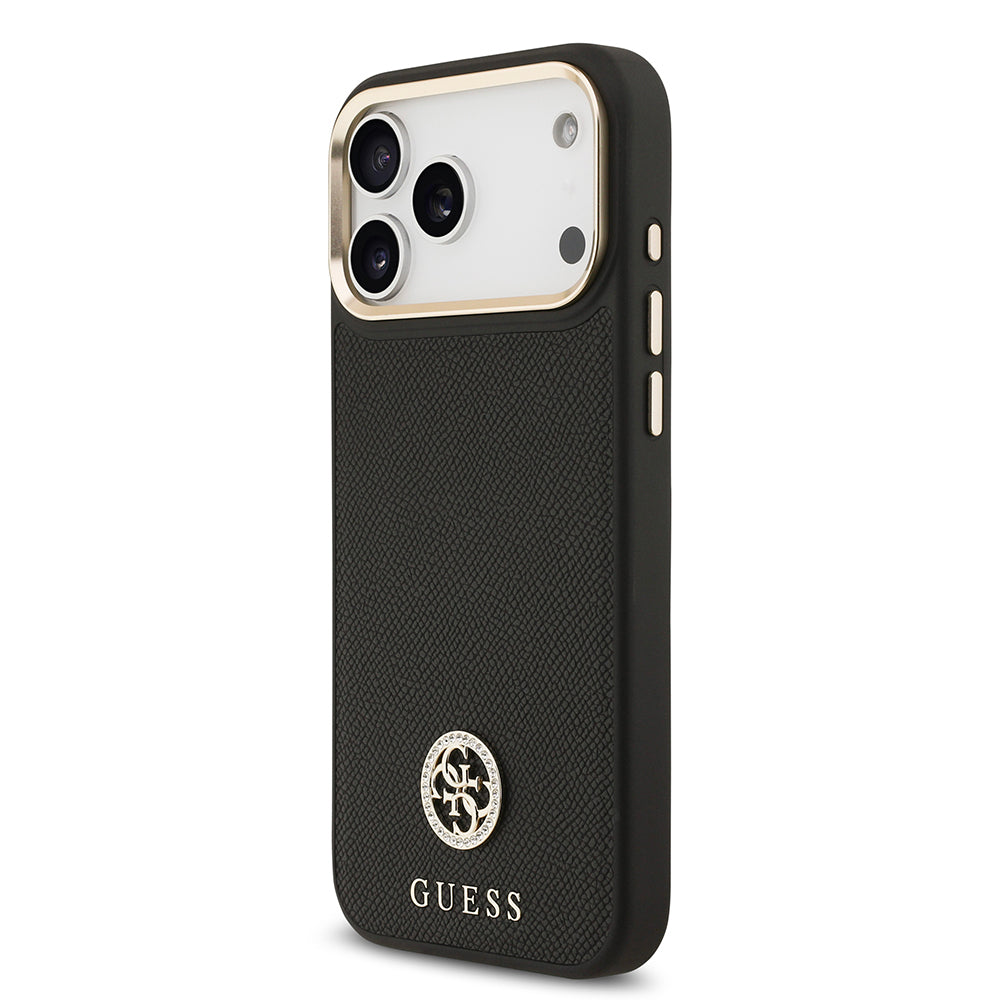 Apple iPhone 17 Pro Max Kılıf Guess Orjinal Lisanslı M-safe Şarj Özellikli Grained Yazı ve Taşlı 4G Logolu Kapak Siyah