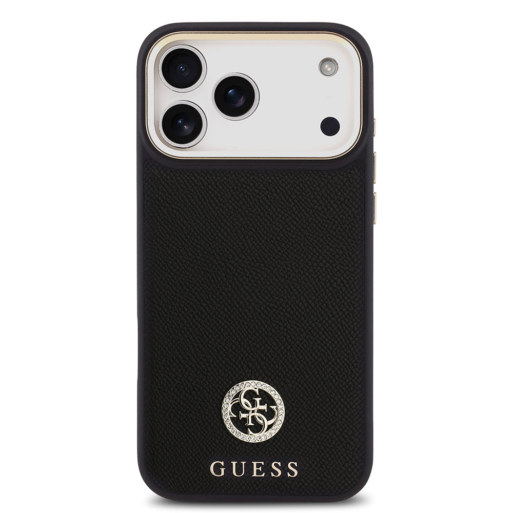 Apple iPhone 17 Pro Max Kılıf Guess Orjinal Lisanslı M-safe Şarj Özellikli Grained Yazı ve Taşlı 4G Logolu Kapak Siyah