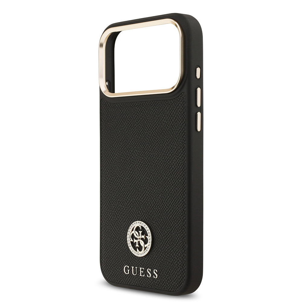 Apple iPhone 17 Pro Max Kılıf Guess Orjinal Lisanslı M-safe Şarj Özellikli Grained Yazı ve Taşlı 4G Logolu Kapak Siyah