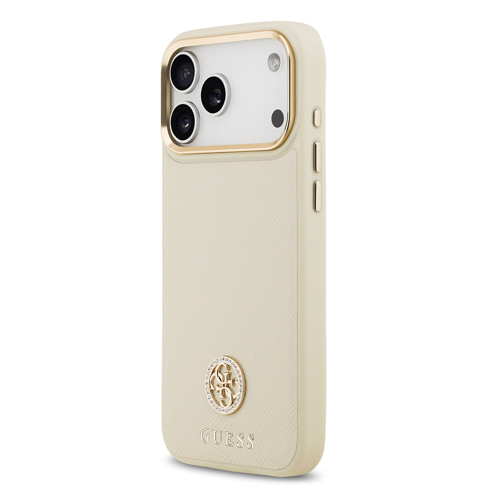 Apple iPhone 17 Pro Max Kılıf Guess Orjinal Lisanslı M-safe Şarj Özellikli Grained Yazı ve Taşlı 4G Logolu Kapak Bej