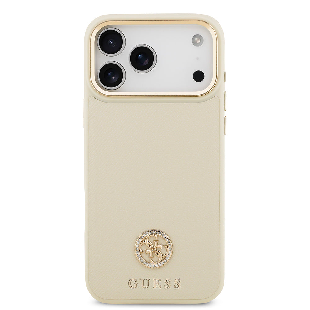 Apple iPhone 17 Pro Max Kılıf Guess Orjinal Lisanslı M-safe Şarj Özellikli Grained Yazı ve Taşlı 4G Logolu Kapak Bej