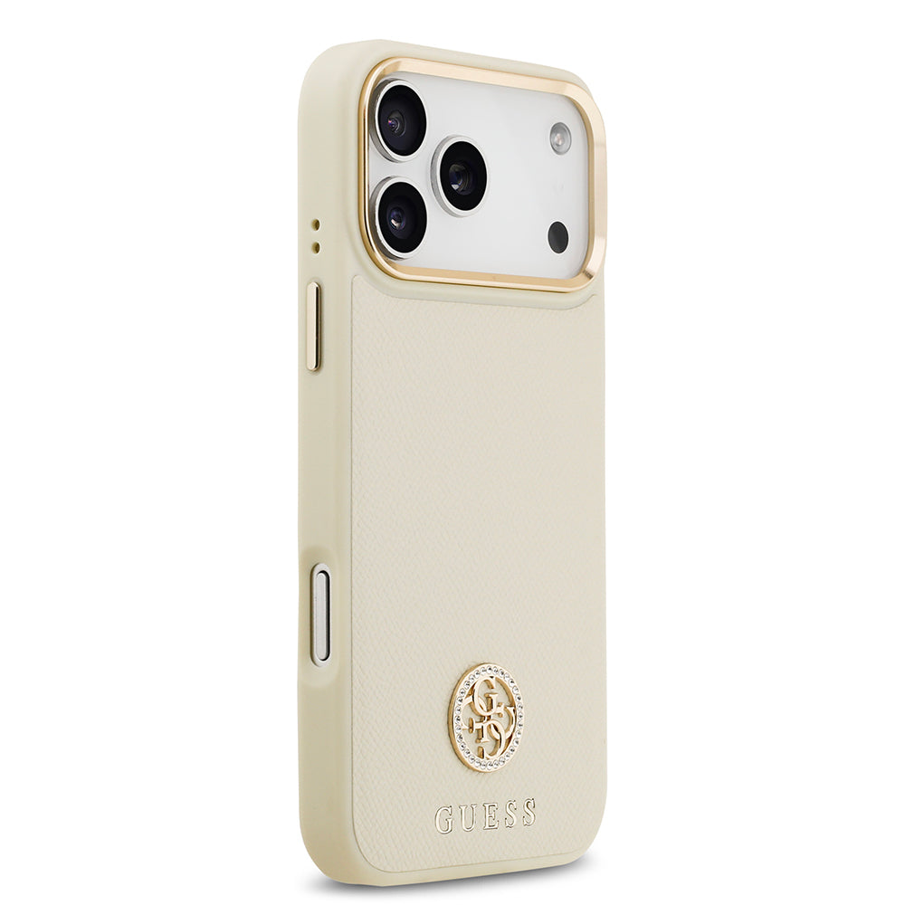 Apple iPhone 17 Pro Max Kılıf Guess Orjinal Lisanslı M-safe Şarj Özellikli Grained Yazı ve Taşlı 4G Logolu Kapak Bej