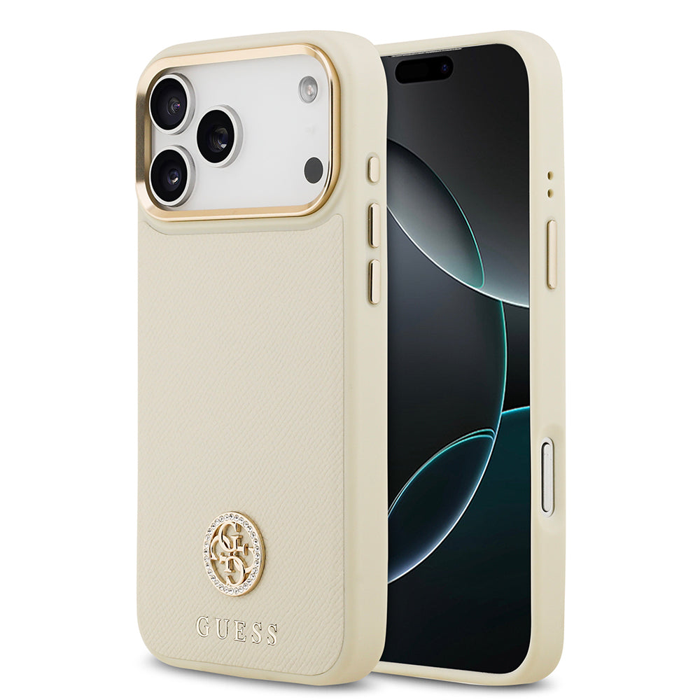Apple iPhone 17 Pro Max Kılıf Guess Orjinal Lisanslı M-safe Şarj Özellikli Grained Yazı ve Taşlı 4G Logolu Kapak Bej