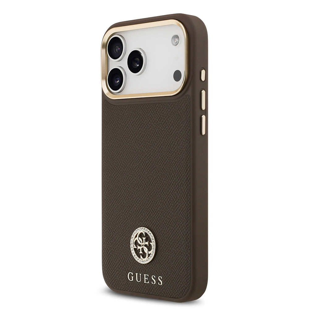 Apple iPhone 17 Pro Max Kılıf Guess Orjinal Lisanslı M-safe Şarj Özellikli Grained Yazı ve Taşlı 4G Logolu Kapak Kahverengi