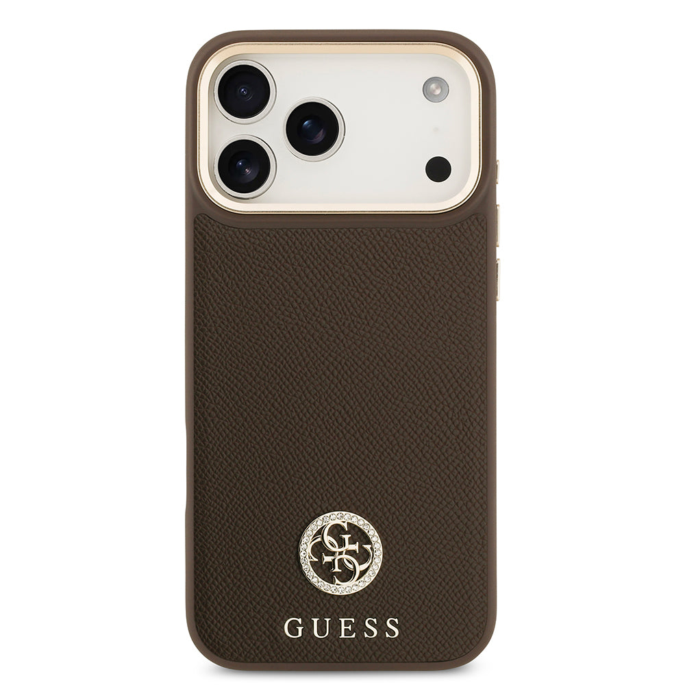 Apple iPhone 17 Pro Max Kılıf Guess Orjinal Lisanslı M-safe Şarj Özellikli Grained Yazı ve Taşlı 4G Logolu Kapak Kahverengi