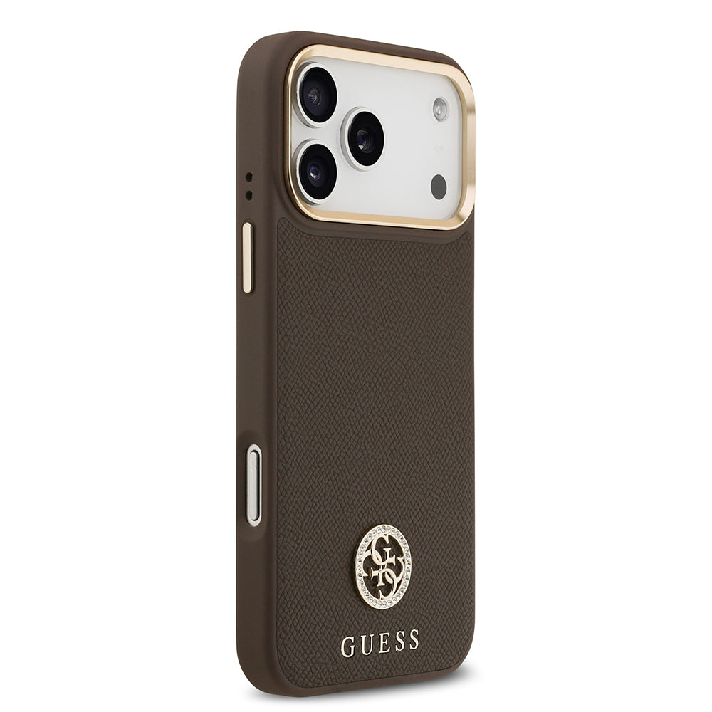 Apple iPhone 17 Pro Max Kılıf Guess Orjinal Lisanslı M-safe Şarj Özellikli Grained Yazı ve Taşlı 4G Logolu Kapak Kahverengi