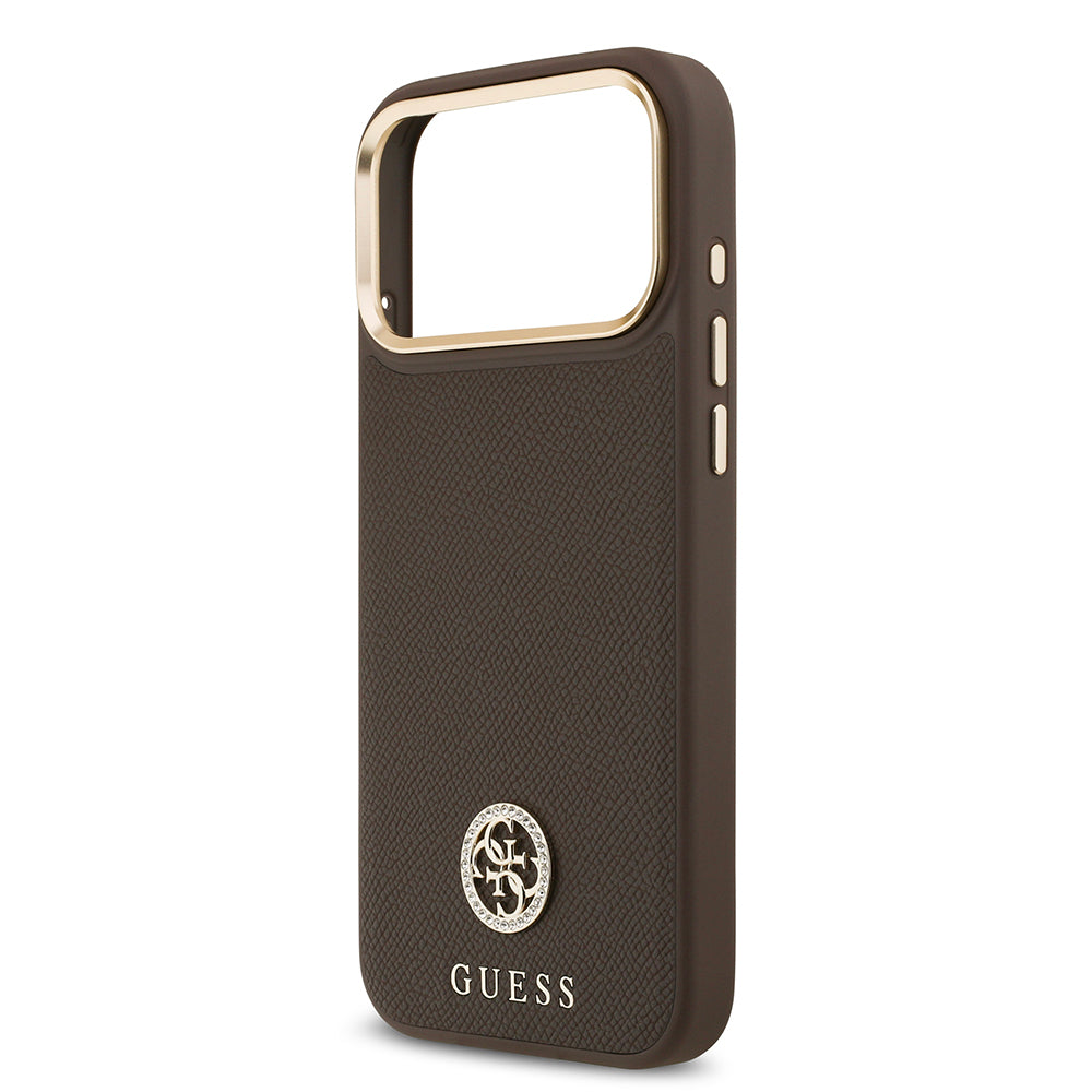 Apple iPhone 17 Pro Max Kılıf Guess Orjinal Lisanslı M-safe Şarj Özellikli Grained Yazı ve Taşlı 4G Logolu Kapak Kahverengi