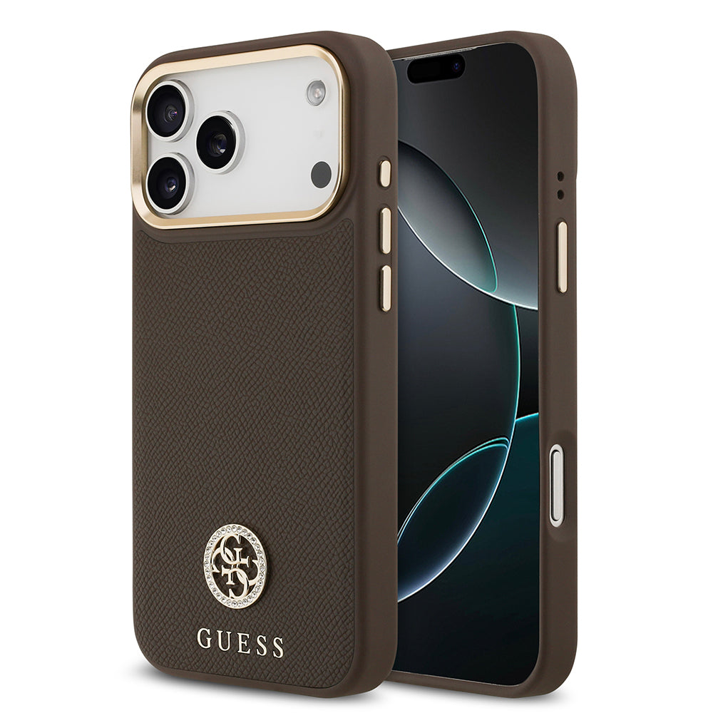 Apple iPhone 17 Pro Max Kılıf Guess Orjinal Lisanslı M-safe Şarj Özellikli Grained Yazı ve Taşlı 4G Logolu Kapak Kahverengi