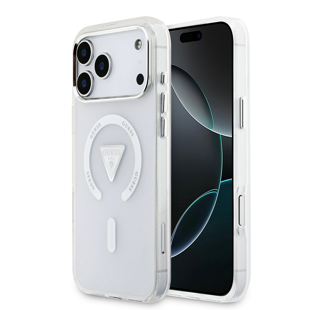 Apple iPhone 17 Pro Max Kılıf Guess Orjinal Lisanslı M-safe Şarj Özellikli IML Baskılı Üçgen Logolu Metal Kamera Çerçeveli Kapak Şeffaf