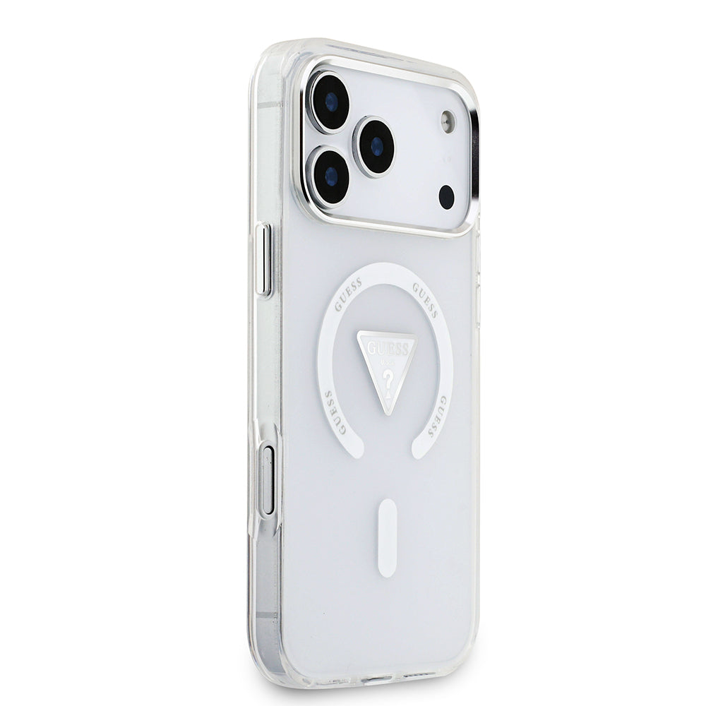 Apple iPhone 17 Pro Max Kılıf Guess Orjinal Lisanslı M-safe Şarj Özellikli IML Baskılı Üçgen Logolu Metal Kamera Çerçeveli Kapak Şeffaf