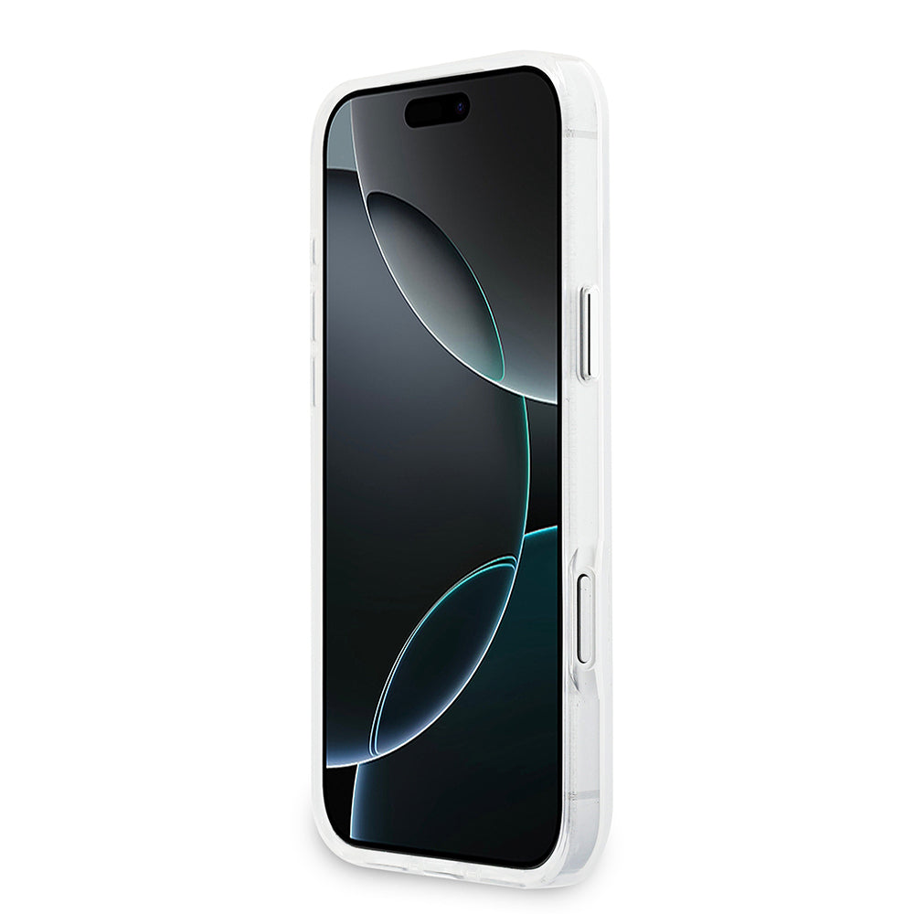 Apple iPhone 17 Pro Max Kılıf Guess Orjinal Lisanslı M-safe Şarj Özellikli IML Baskılı Üçgen Logolu Metal Kamera Çerçeveli Kapak Şeffaf
