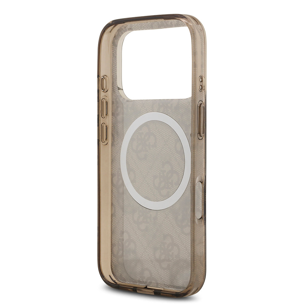 Apple iPhone 17 Pro Max Kılıf Guess Orjinal Lisanslı M-safe Şarj Özellikli IML Peony ve 4G Desenli Klasik Logolu Kapak Kahverengi