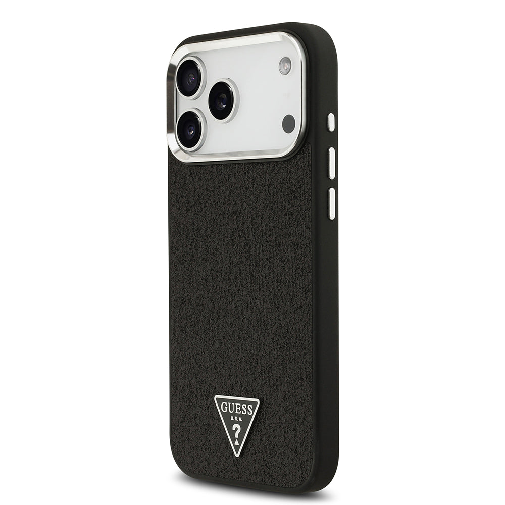 Apple iPhone 17 Pro Max Kılıf Guess Orjinal Lisanslı M-safe Şarj Özellikli Metal Kamera Çerçeveli Üçgen Logolu Glitter Kapak Siyah