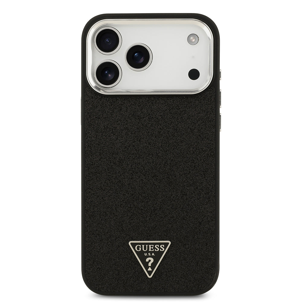Apple iPhone 17 Pro Max Kılıf Guess Orjinal Lisanslı M-safe Şarj Özellikli Metal Kamera Çerçeveli Üçgen Logolu Glitter Kapak Siyah