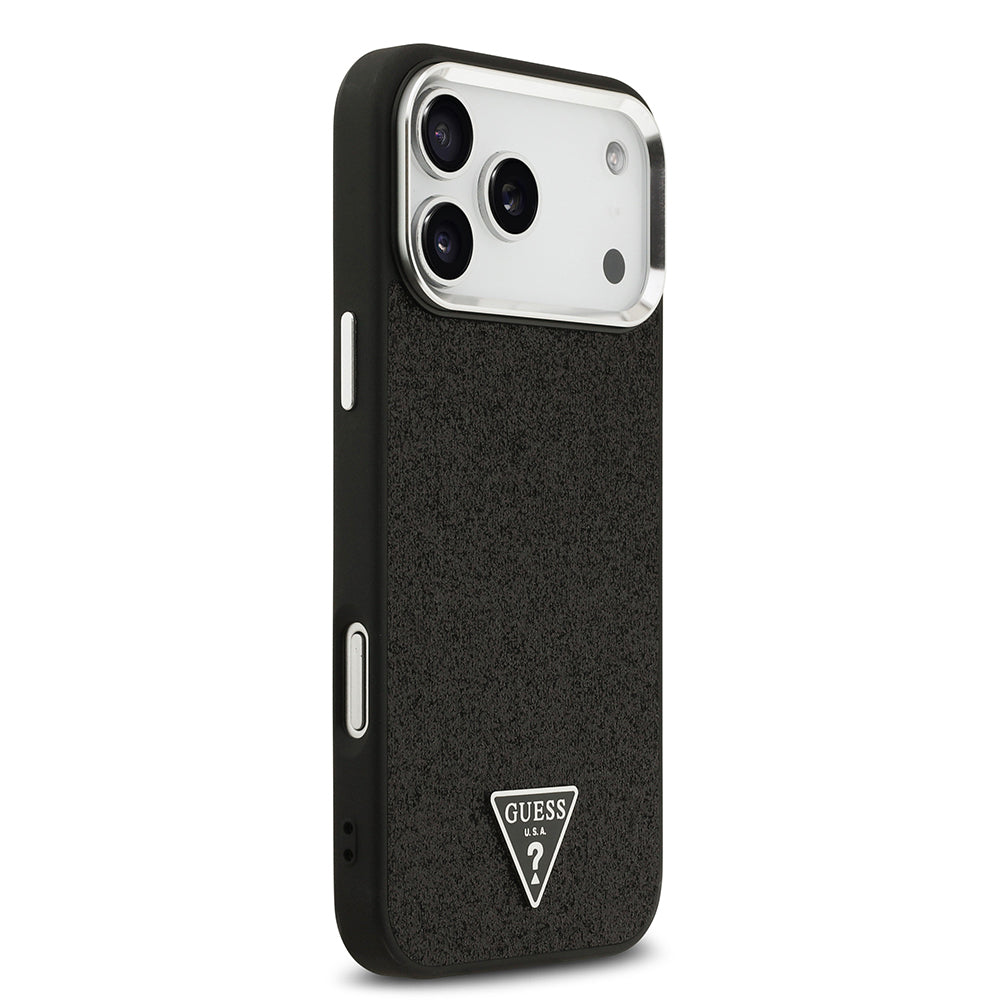 Apple iPhone 17 Pro Max Kılıf Guess Orjinal Lisanslı M-safe Şarj Özellikli Metal Kamera Çerçeveli Üçgen Logolu Glitter Kapak Siyah