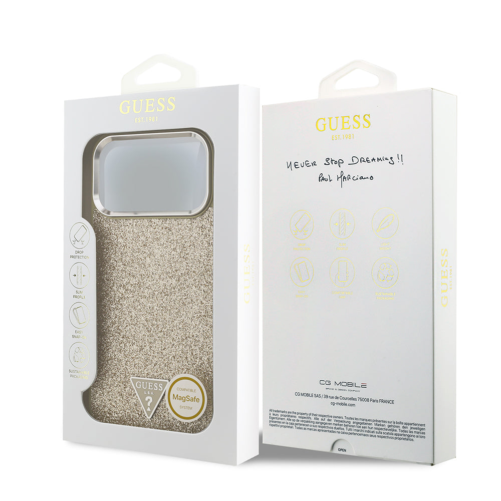 Apple iPhone 17 Pro Max Kılıf Guess Orjinal Lisanslı M-safe Şarj Özellikli Metal Kamera Çerçeveli Üçgen Logolu Glitter Kapak Gold