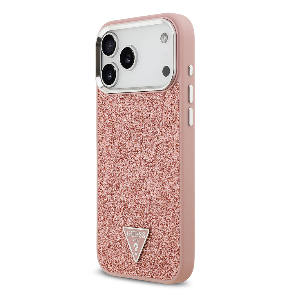 Apple iPhone 17 Pro Max Kılıf Guess Orjinal Lisanslı M-safe Şarj Özellikli Metal Kamera Çerçeveli Üçgen Logolu Glitter Kapak Pembe
