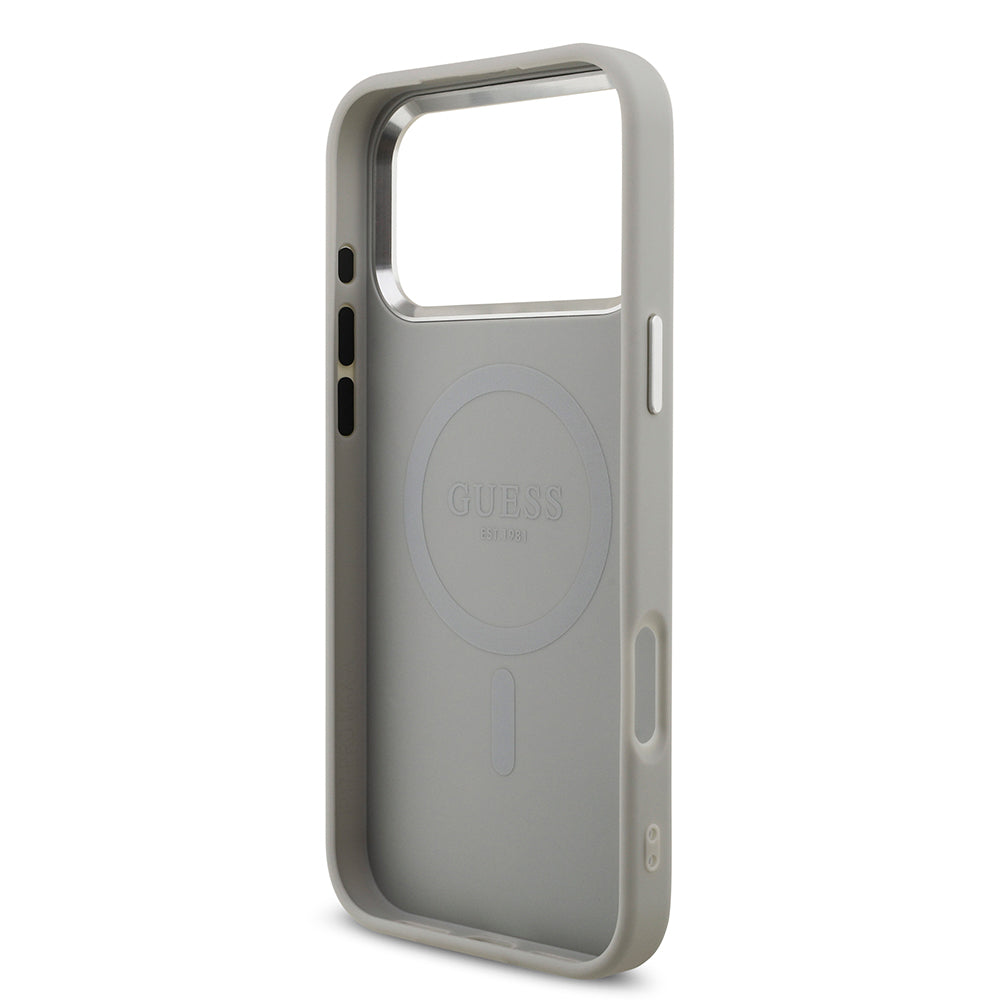 Apple iPhone 17 Pro Max Kılıf Guess Orjinal Lisanslı M-safe Şarj Özellikli Metal Kamera Çerçeveli Üçgen Logolu Glitter Kapak Gri