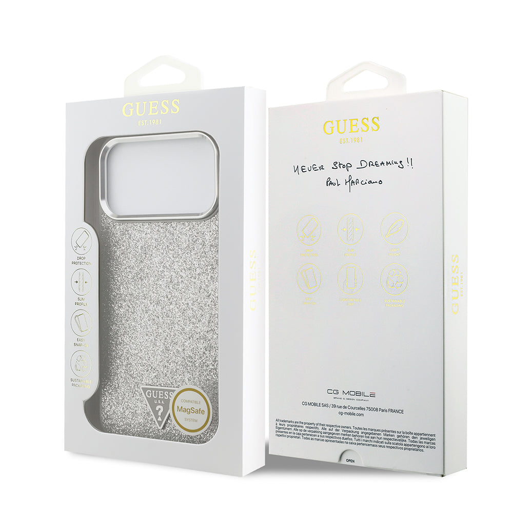 Apple iPhone 17 Pro Max Kılıf Guess Orjinal Lisanslı M-safe Şarj Özellikli Metal Kamera Çerçeveli Üçgen Logolu Glitter Kapak Gri
