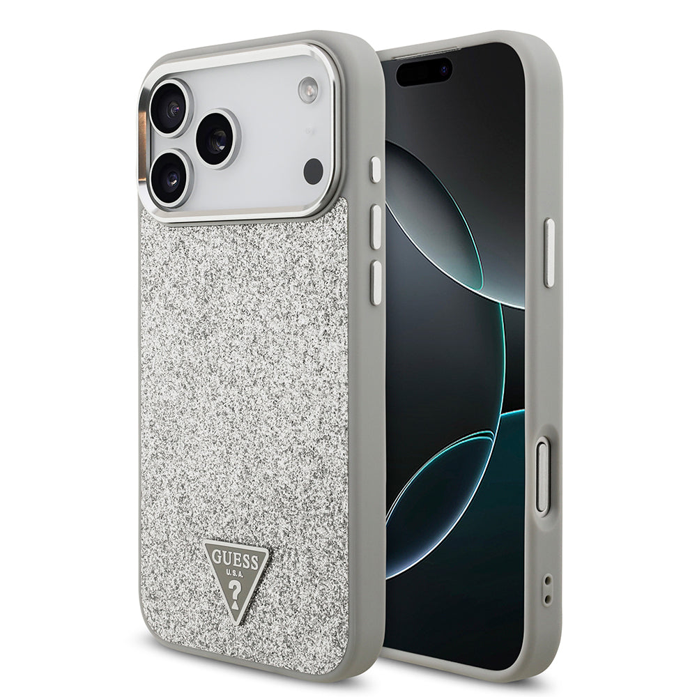 Apple iPhone 17 Pro Max Kılıf Guess Orjinal Lisanslı M-safe Şarj Özellikli Metal Kamera Çerçeveli Üçgen Logolu Glitter Kapak Gri