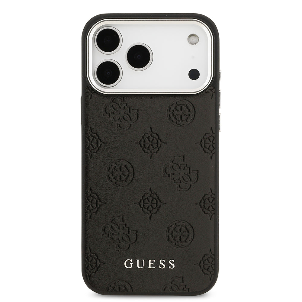 Apple iPhone 17 Pro Max Kılıf Guess Orjinal Lisanslı M-safe Şarj Özellikli Sıcak Baskılı Klasik Yazı Logolu PU Deri Peony Kapak Siyah
