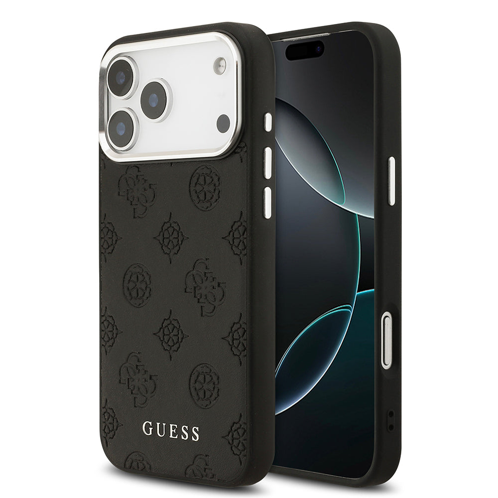 Apple iPhone 17 Pro Max Kılıf Guess Orjinal Lisanslı M-safe Şarj Özellikli Sıcak Baskılı Klasik Yazı Logolu PU Deri Peony Kapak Siyah