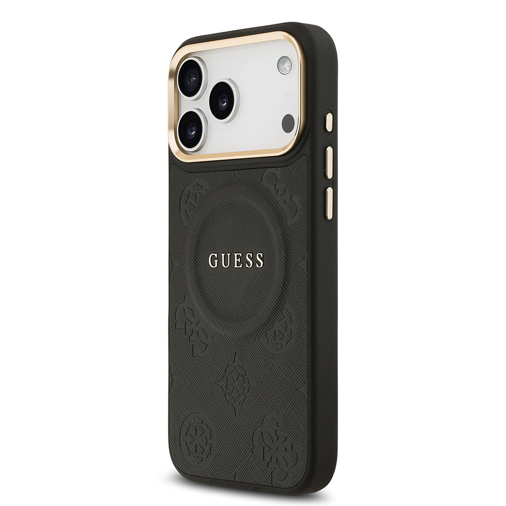 Apple iPhone 17 Pro Max Kılıf Guess Orjinal Lisanslı M-safe Şarj Özellikli Sıcak Baskılı Yazı Logolu PU Deri Peony Kapak Siyah