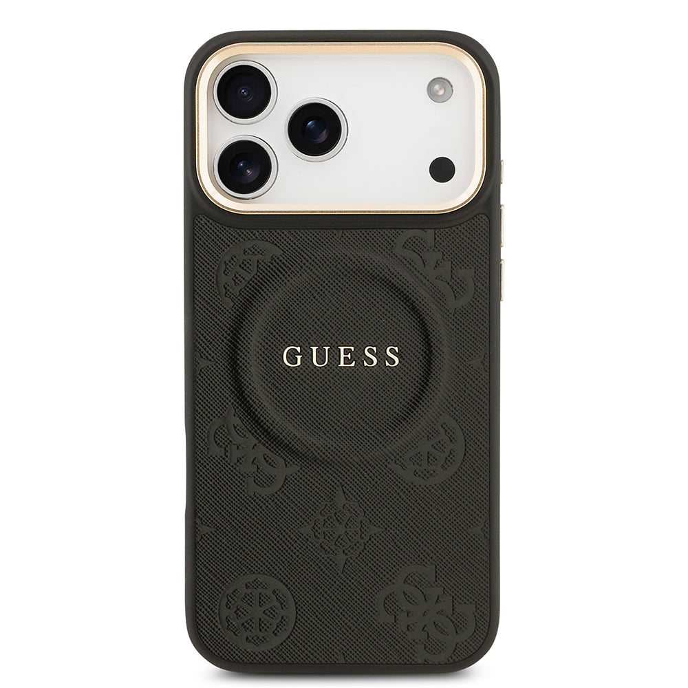 Apple iPhone 17 Pro Max Kılıf Guess Orjinal Lisanslı M-safe Şarj Özellikli Sıcak Baskılı Yazı Logolu PU Deri Peony Kapak Siyah