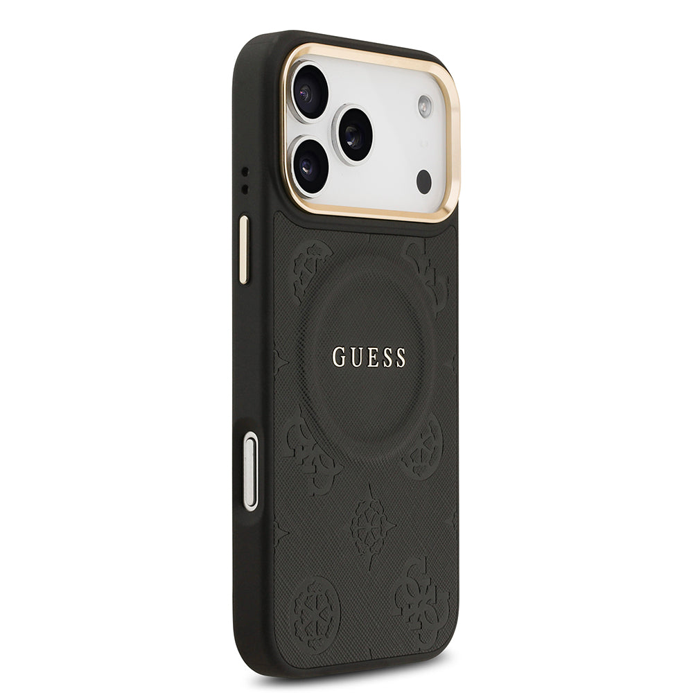 Apple iPhone 17 Pro Max Kılıf Guess Orjinal Lisanslı M-safe Şarj Özellikli Sıcak Baskılı Yazı Logolu PU Deri Peony Kapak Siyah