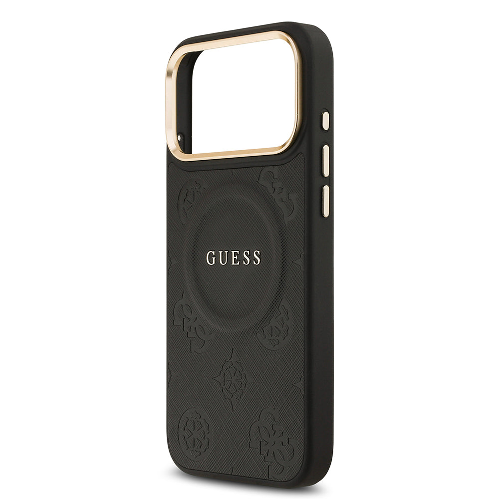 Apple iPhone 17 Pro Max Kılıf Guess Orjinal Lisanslı M-safe Şarj Özellikli Sıcak Baskılı Yazı Logolu PU Deri Peony Kapak Siyah