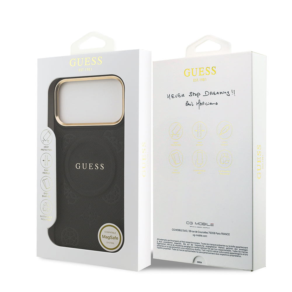 Apple iPhone 17 Pro Max Kılıf Guess Orjinal Lisanslı M-safe Şarj Özellikli Sıcak Baskılı Yazı Logolu PU Deri Peony Kapak Kahverengi