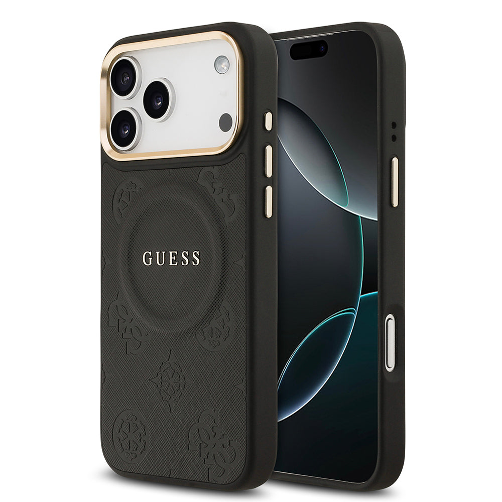 Apple iPhone 17 Pro Max Kılıf Guess Orjinal Lisanslı M-safe Şarj Özellikli Sıcak Baskılı Yazı Logolu PU Deri Peony Kapak Siyah