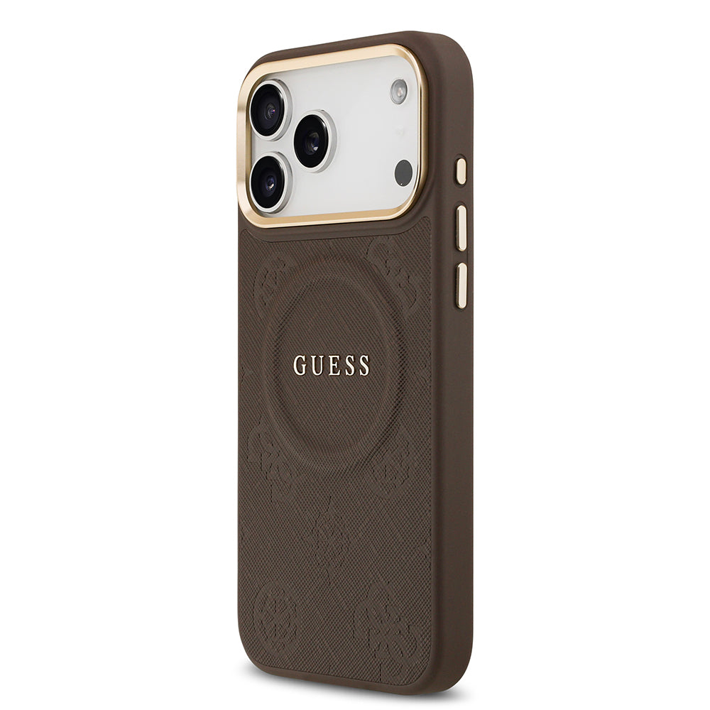 Apple iPhone 17 Pro Max Kılıf Guess Orjinal Lisanslı M-safe Şarj Özellikli Sıcak Baskılı Yazı Logolu PU Deri Peony Kapak Kahverengi