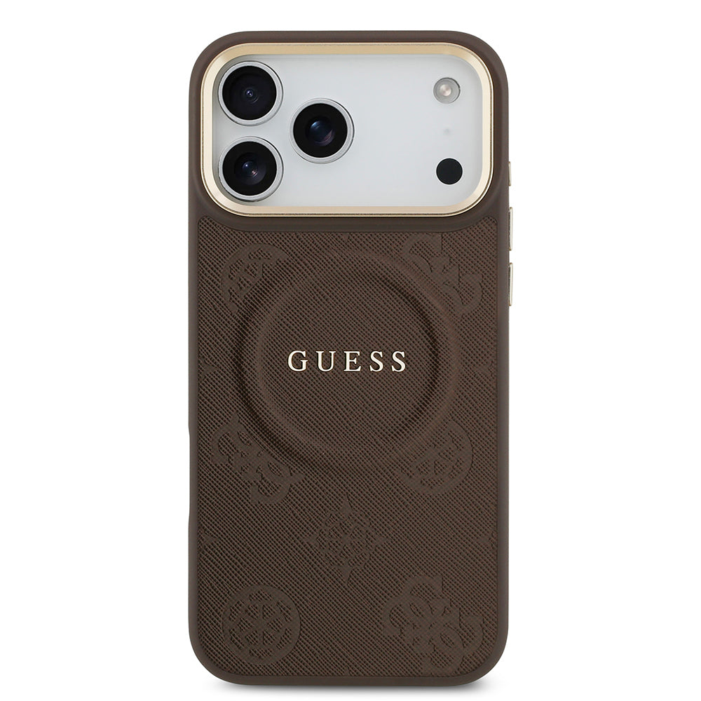 Apple iPhone 17 Pro Max Kılıf Guess Orjinal Lisanslı M-safe Şarj Özellikli Sıcak Baskılı Yazı Logolu PU Deri Peony Kapak Kahverengi