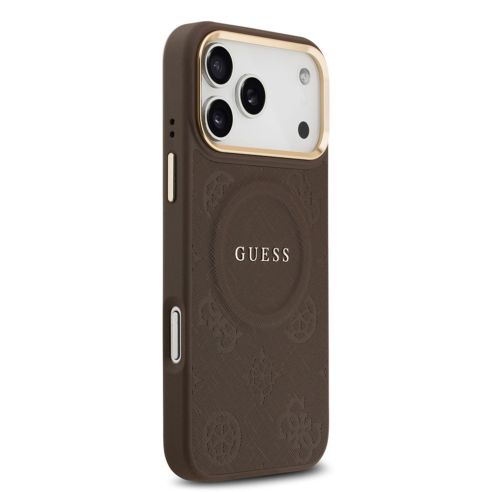 Apple iPhone 17 Pro Max Kılıf Guess Orjinal Lisanslı M-safe Şarj Özellikli Sıcak Baskılı Yazı Logolu PU Deri Peony Kapak Kahverengi