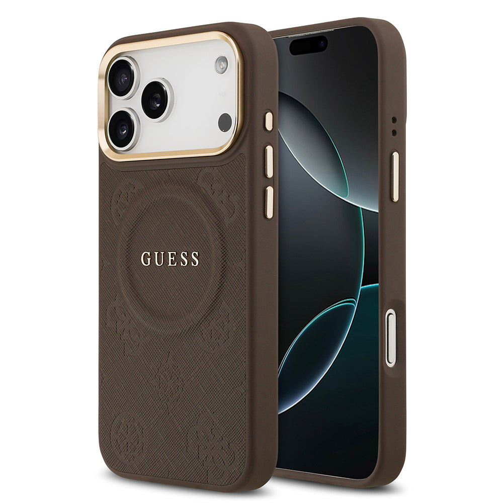 Apple iPhone 17 Pro Max Kılıf Guess Orjinal Lisanslı M-safe Şarj Özellikli Sıcak Baskılı Yazı Logolu PU Deri Peony Kapak Kahverengi