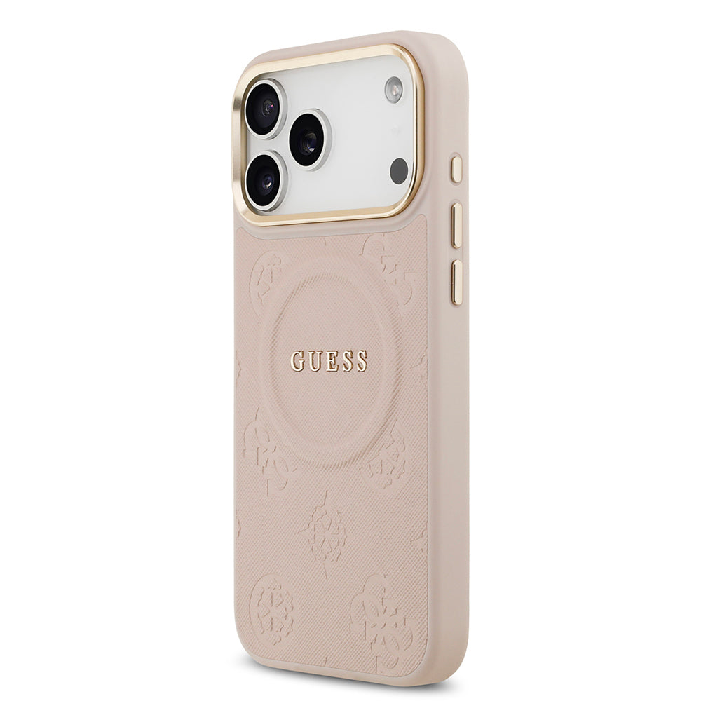 Apple iPhone 17 Pro Max Kılıf Guess Orjinal Lisanslı M-safe Şarj Özellikli Sıcak Baskılı Yazı Logolu PU Deri Peony Kapak Pembe