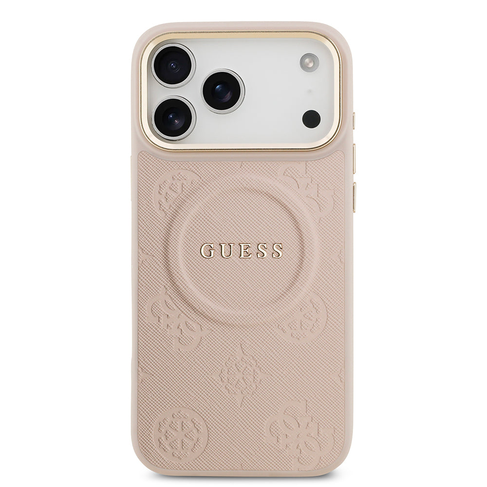 Apple iPhone 17 Pro Max Kılıf Guess Orjinal Lisanslı M-safe Şarj Özellikli Sıcak Baskılı Yazı Logolu PU Deri Peony Kapak Pembe