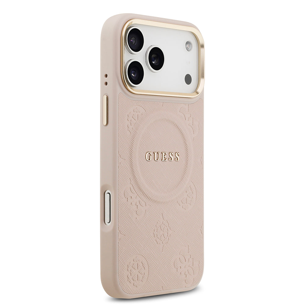 Apple iPhone 17 Pro Max Kılıf Guess Orjinal Lisanslı M-safe Şarj Özellikli Sıcak Baskılı Yazı Logolu PU Deri Peony Kapak Pembe