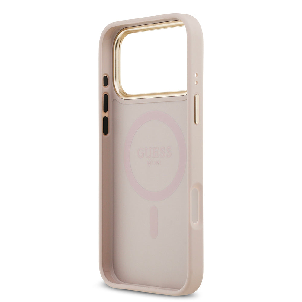 Apple iPhone 17 Pro Max Kılıf Guess Orjinal Lisanslı M-safe Şarj Özellikli Sıcak Baskılı Yazı Logolu PU Deri Peony Kapak Pembe