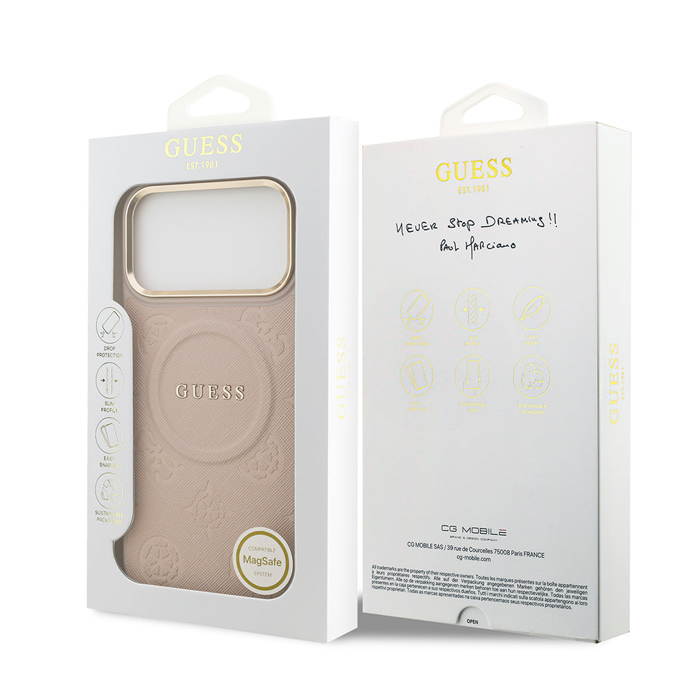 Apple iPhone 17 Pro Max Kılıf Guess Orjinal Lisanslı M-safe Şarj Özellikli Sıcak Baskılı Yazı Logolu PU Deri Peony Kapak Pembe