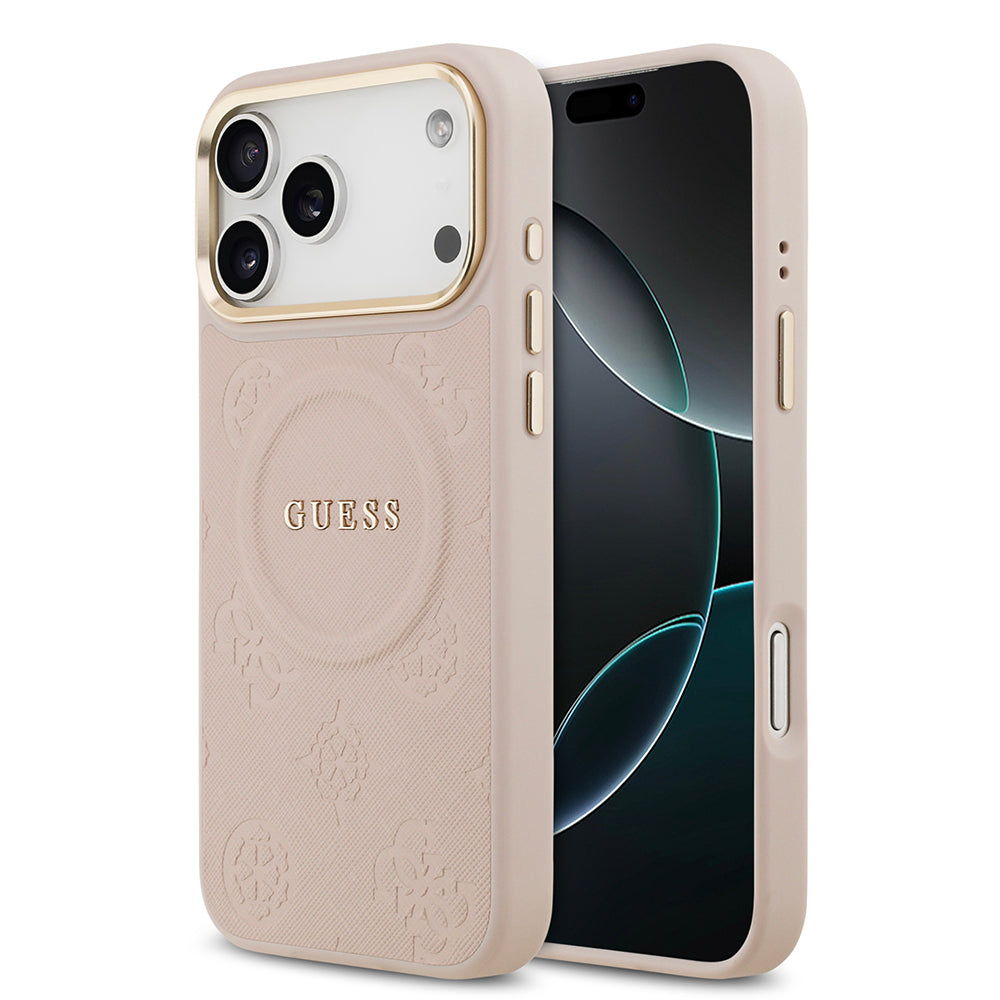 Apple iPhone 17 Pro Max Kılıf Guess Orjinal Lisanslı M-safe Şarj Özellikli Sıcak Baskılı Yazı Logolu PU Deri Peony Kapak Pembe
