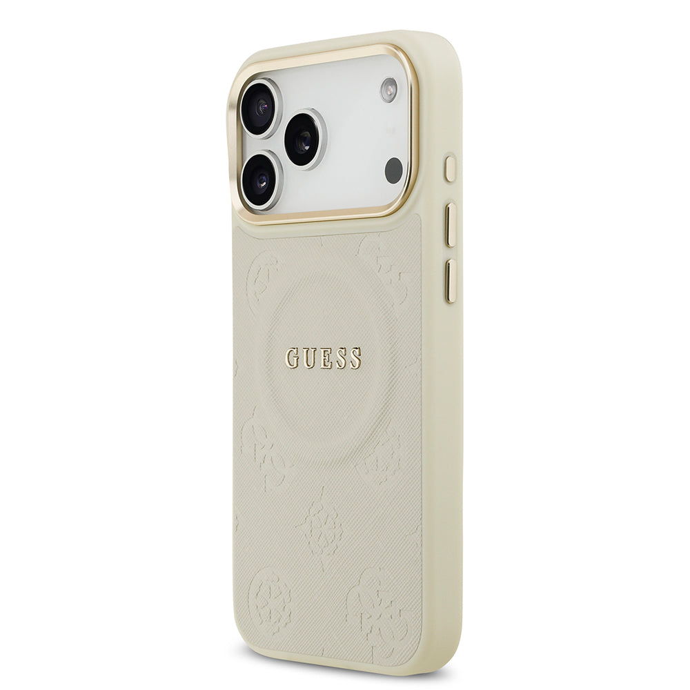 Apple iPhone 17 Pro Max Kılıf Guess Orjinal Lisanslı M-safe Şarj Özellikli Sıcak Baskılı Yazı Logolu PU Deri Peony Kapak Bej