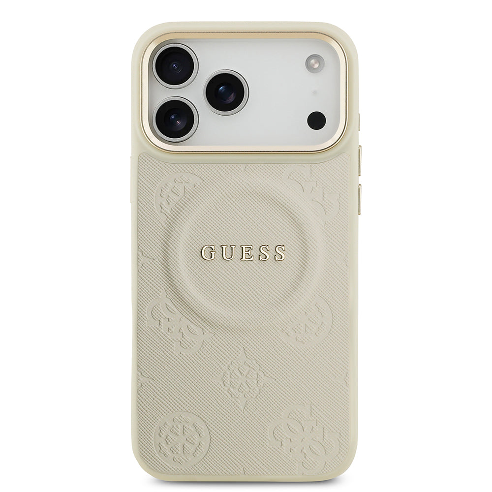 Apple iPhone 17 Pro Max Kılıf Guess Orjinal Lisanslı M-safe Şarj Özellikli Sıcak Baskılı Yazı Logolu PU Deri Peony Kapak Bej
