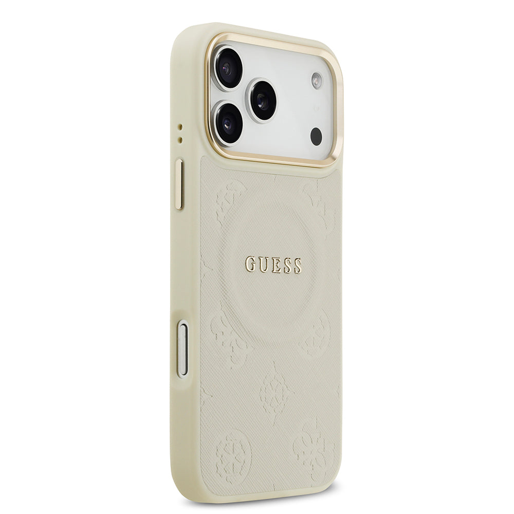 Apple iPhone 17 Pro Max Kılıf Guess Orjinal Lisanslı M-safe Şarj Özellikli Sıcak Baskılı Yazı Logolu PU Deri Peony Kapak Bej