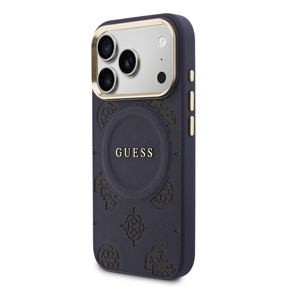 Apple iPhone 17 Pro Max Kılıf Guess Orjinal Lisanslı M-safe Şarj Özellikli Sıcak Baskılı Yazı Logolu PU Deri Peony Kapak Lacivert